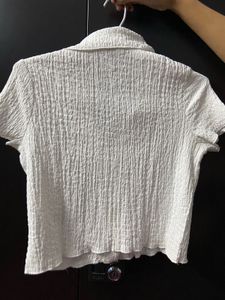 White Textured Crop Top Shirt