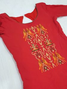 Red Patola Yoke Embroidered Kurta With Dupatta