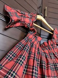 Girl Red Off Shoulder Elastic Plaid Top
