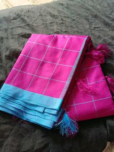 Pink &amp; Blue Checkered Saree with Tassels