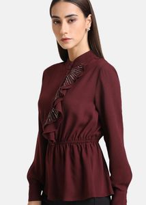Maroon Tie-Up Neck Embellished RuffleCinched