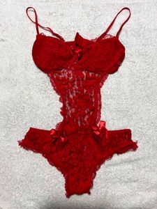 Red Lace Cut-Out Bodysuit (Free Size)