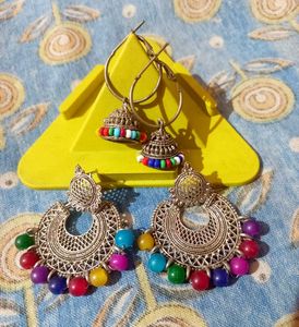 Oxidised Multi Color Earrings(2 Pairs)