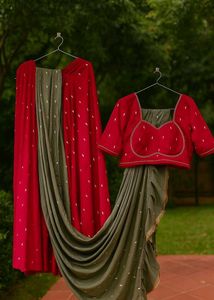 vibrant red lehenga with contrast olive green dupt