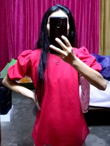 Red Puff Sleeve Tunic Top
