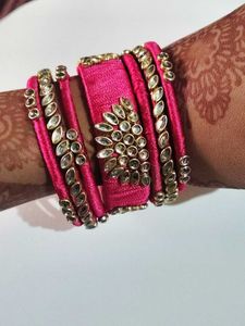 Handcrafted Pink Silk Thread Bangles with Kundan