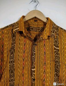 Yellow and Brown Ikat Print Half Sleeve Button Dow