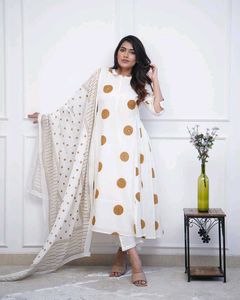 White &amp; Brown Polka Dot Anarkali Suit