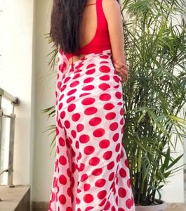 Red &amp; White Polka Dot Saree