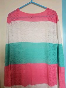 Striped Open Knit Long Cardigan