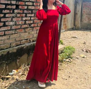 Red Maxi Dress with Puff Sleeves