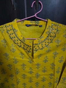 Yellow Printed Kurti with Mirror Detail