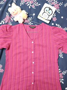 Striped puff sleeve shirt style cotton top