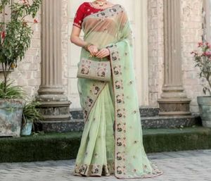 Embroided Organza Saree( Pista Green) With Bag