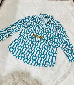 Casual Blue & White Checked Shirt With Belt