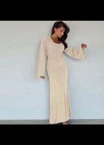 Beige Ribbed Knit Dress with Bell Sleeves XS