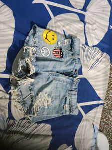 Distressed Denim Patch Shorts