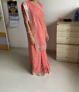 ❤🌸Beautiful Embroidered Coral Saree🎉