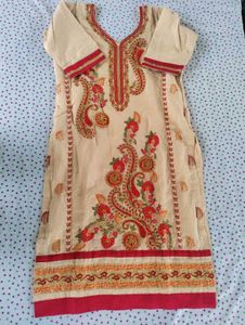 Elegant Beige &amp; Red Embroidered Suit