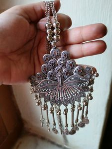 Silver Oxidised Chain With Peacock Pandle