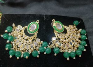 Green Beaded Chandbali Earrings And Mangtika