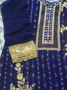 Elegant Blue &amp; Gold Embroidered Plazoo Kameez Set