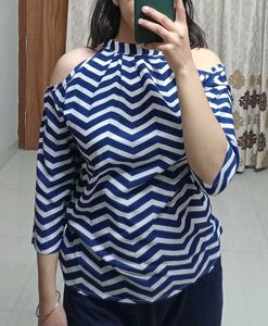 Blue & White Zigzag Cold Shoulder Halter Neck Top