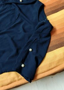 Solezia Women Pearl Sleeve Navy Blue Casual Top
