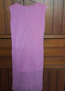 pink self color allover lace work sleeveless kurta