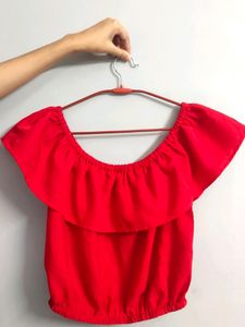 Red Solid Crop Bardot Top