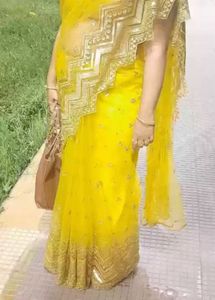 Mustard Net Haldi Saree Outfit