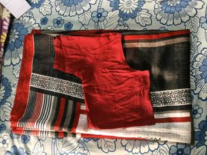 GentlyUsed Jute Saree - Red&amp;Black&amp;WhiteStripes
