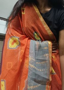 Orange Kotta Dhoria Saree With Grey Border