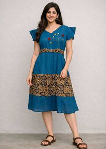 Blue Embroidered Casual Dress