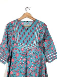 Blue Printed A-Line Kurta(Women’s)