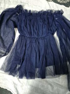 Navy Blue Tulle Off-Shoulder Top