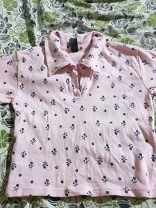 Pink Floral Collared Crop Top