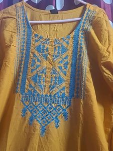 Blue Embroidery Mustard Kurti