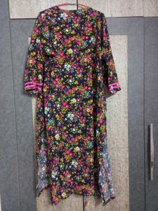 Floral Print Pink&amp;Black Kurta Set