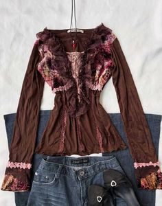 Vintage Brown Ruffled Top