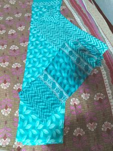 Teal Leaf Print Unstitched Salwar Suit
