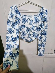 Blue And White Floral Print Long Sleeve Top
