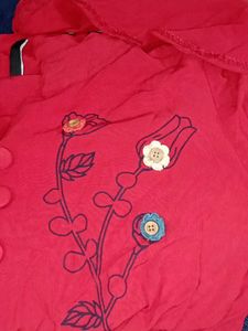 Red Peplum Mandarin Collar Top with Floral Details