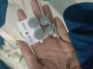 Pretty Silver Jhumkas With Attached White Beads