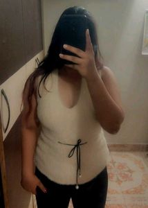 Cream Fuzzy Vest with Tie
