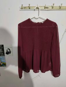 Burgundy Sheer Long Sleeve Top