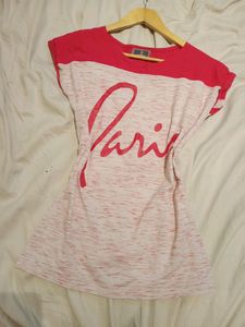 &#34;Paris&#34; Printed Pink &amp; Off White T-shirt, Size - S