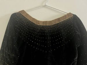 Gold  Skirt And Black Embellished Velvet Top