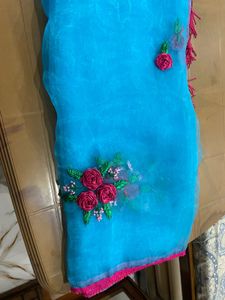 Blue Organza Saree with Floral Embroidery