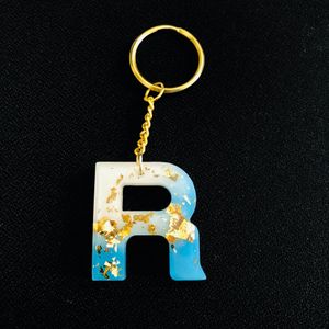 Resin Keychain R Alphabet Blue White Golden